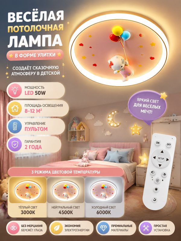 Детский потолочный светильник с Hello Kitty | Розовый дизайн с воздушными шарами | Для спальни девочки