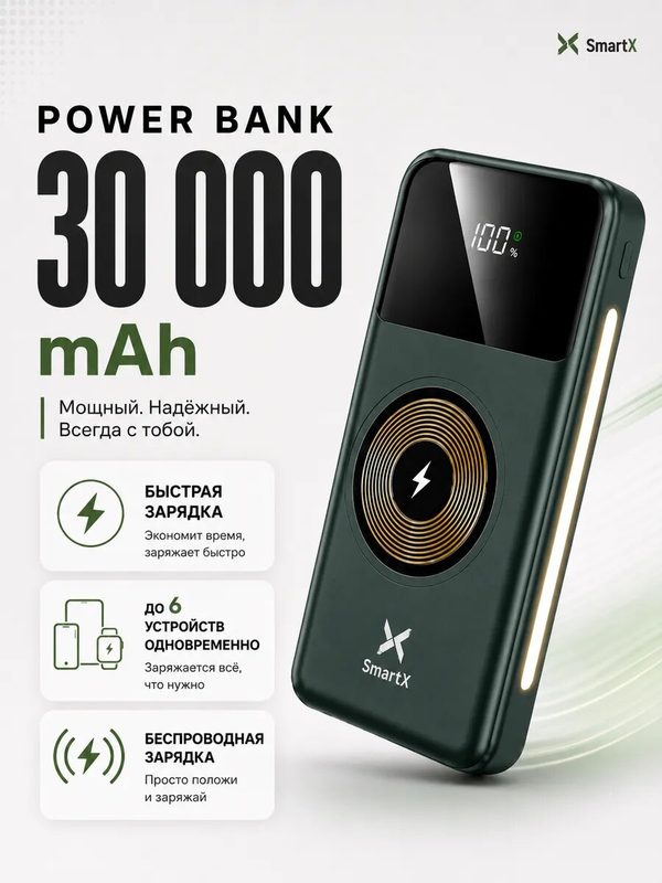 Повербанк 30000 mah Power bank с беспроводной зарядкой