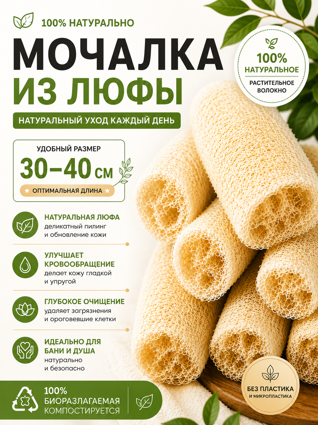 Мочалка из люфы для тела и спины 30-40 см, натуральная мочалка для душа, бани и сауны, для мытья посуды