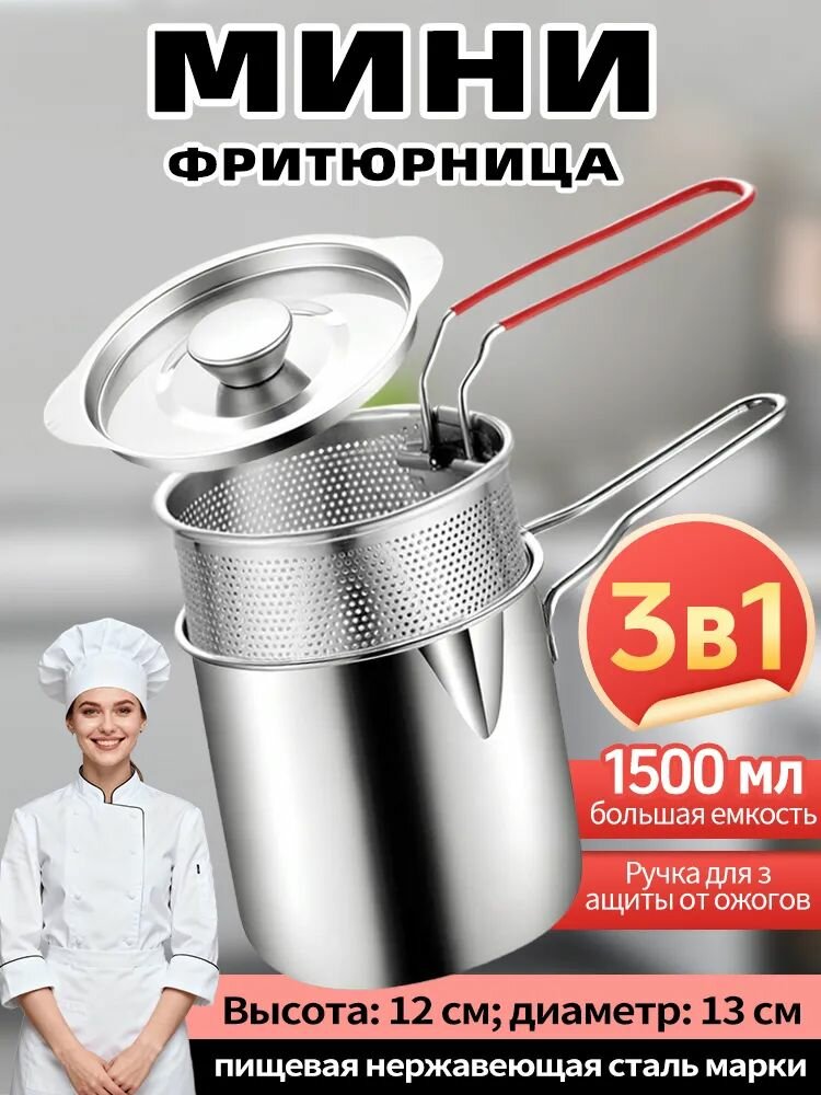 Мини-фритюрница компактная с сеткой и крышкой для жарки во фритюре, серебристый цвет