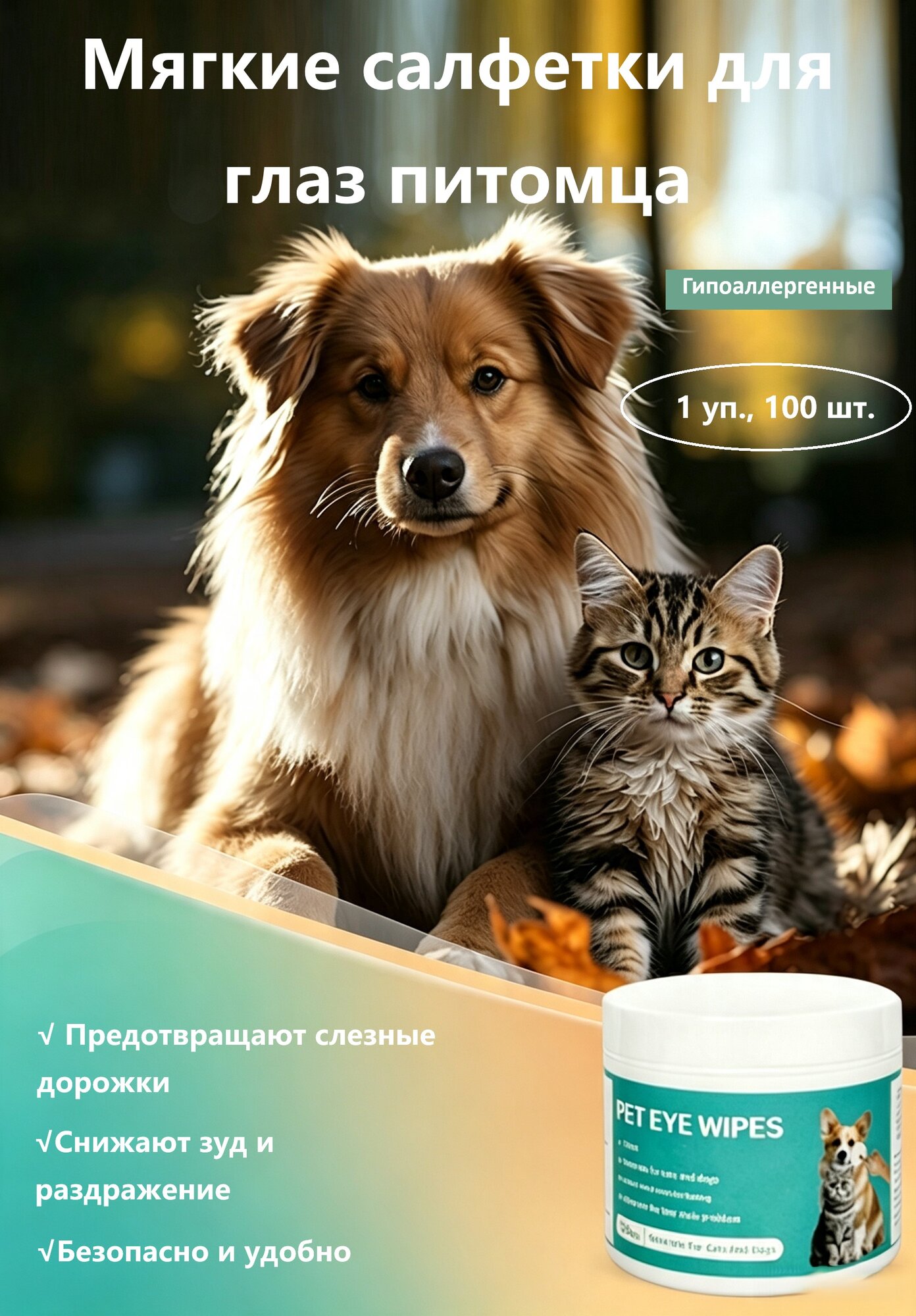 Влажные салфетки для глаз кошек и собак — гипоаллергенные, для чувствительных глаз (1 уп, 100 шт.)
