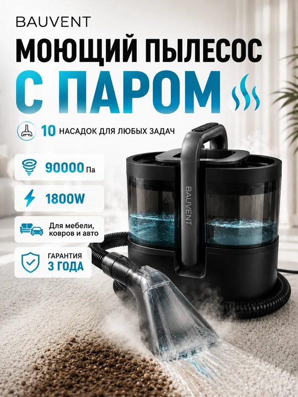 Мощный пылесос для химчистки мебели, ковров, салонов автомобилей с паром