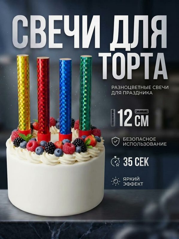 Свечи для торта разноцветные цветное пламя набор 4 штуки 12 сантиметров (свечи в торт)