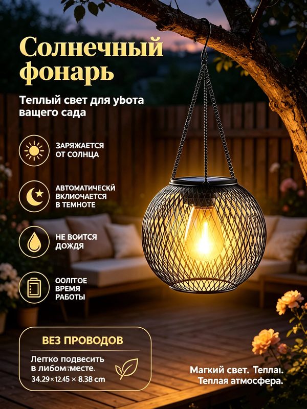 Кованый фонарь-ночник, садовое украшение, солнечный уличный садовый светильник