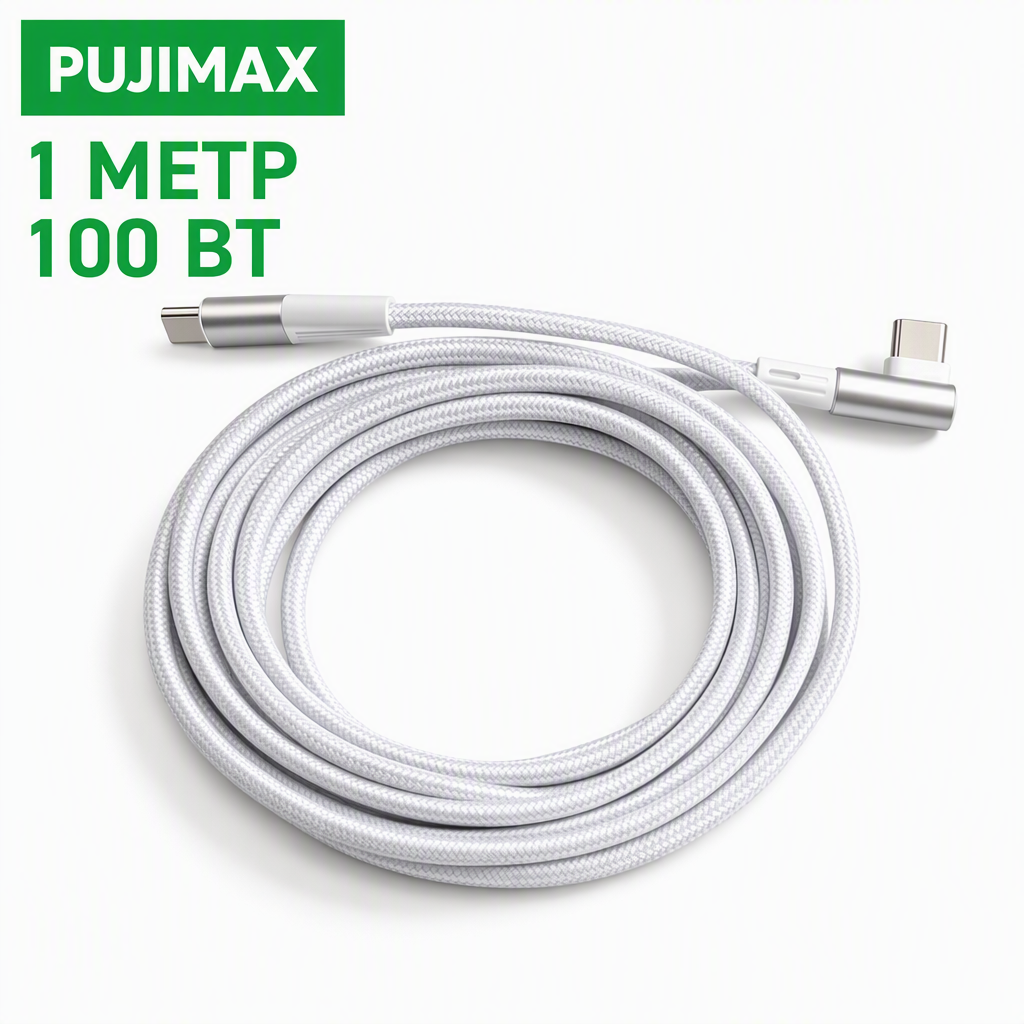 Кабель USB-C — USB-C с одинарным углом подключения, из алюминиевого сплава, плетеный, мощностью 100 Вт, 1 метра.
