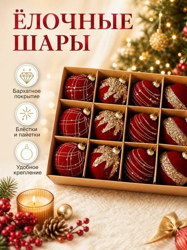 Набор елочных шаров 6 см, 12 шт, с флокированием, красные со стразами