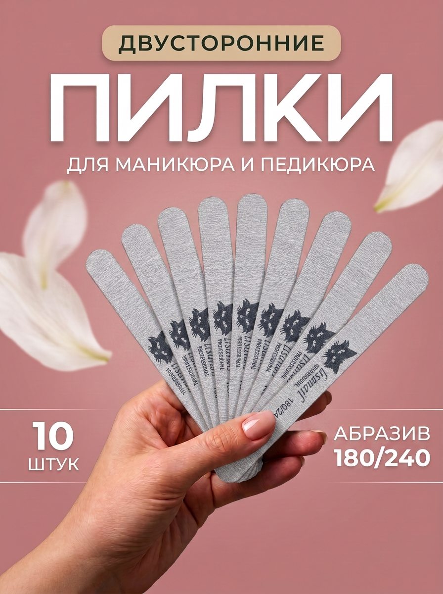 Пилки для маникюра 180/240 грит, прямые наждачные, 10 шт, для натуральных ногтей и шлиховки