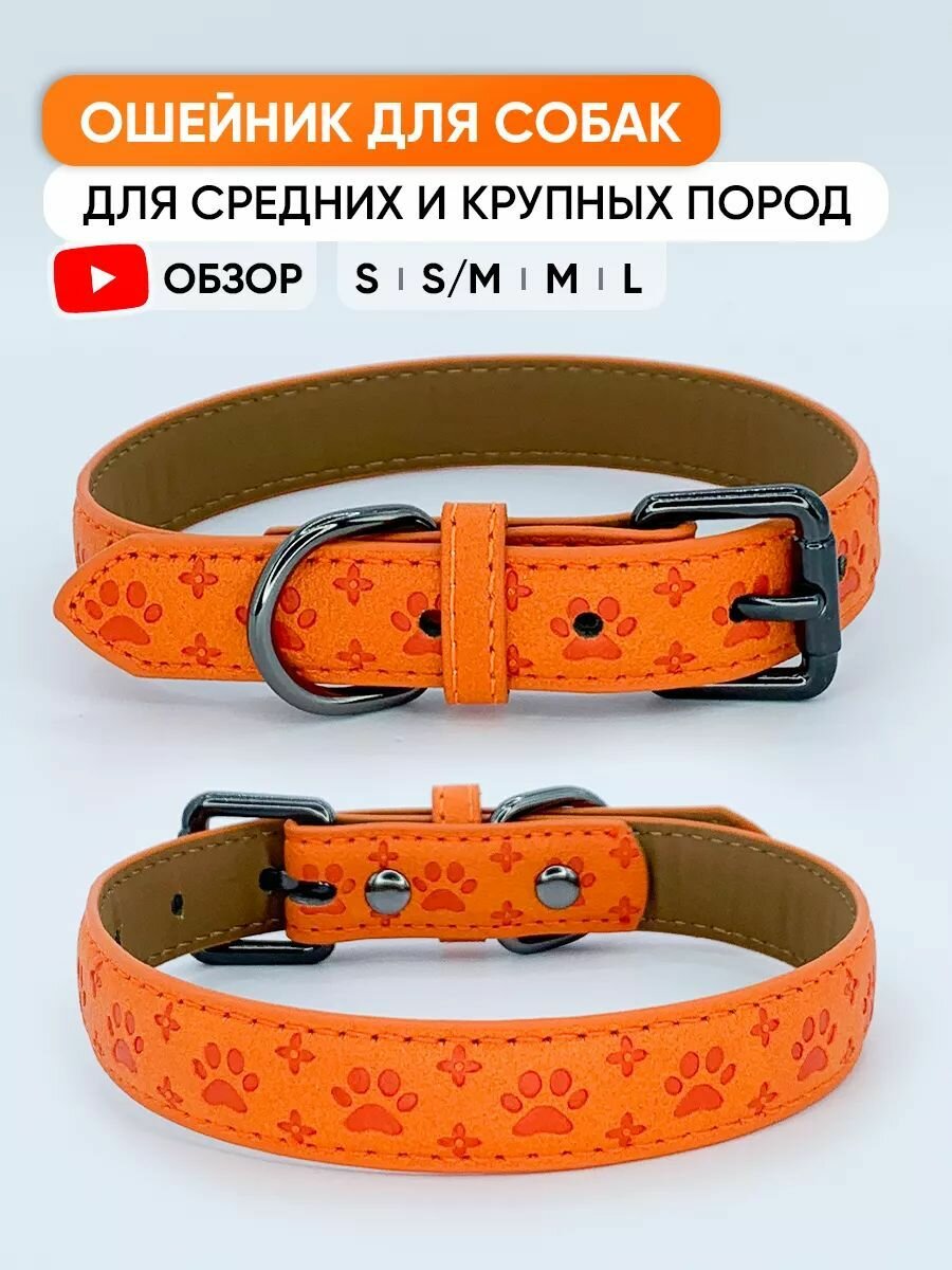 Оранжевый кожаный ошейник для собак и щенков всех пород, M / 34см - 42см