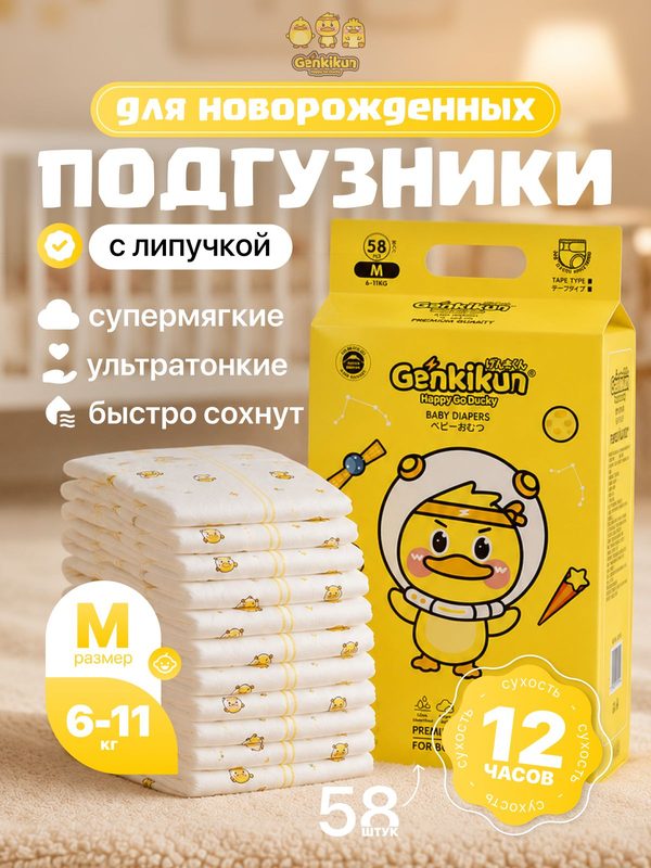 Подгузники для новорожденных Genkikun baby diapers ультратонкие впитывающие на липучке, размер M, 6-11 кг, 58 шт.