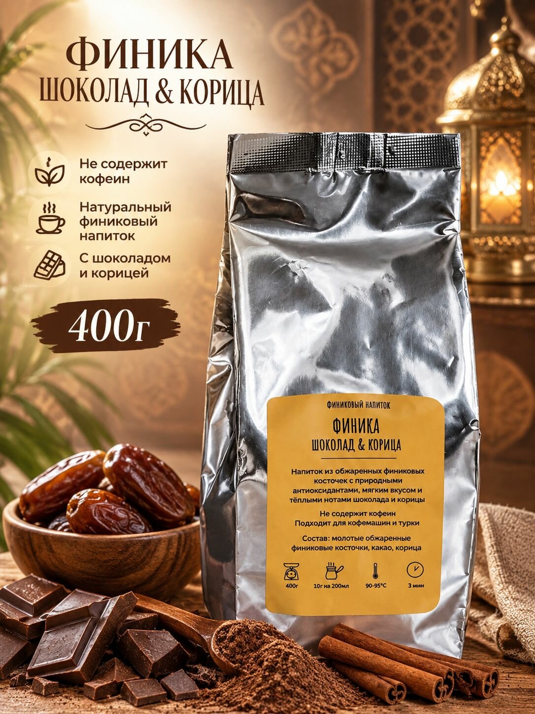 Финиковый кофе молотый с шоколадом и корицей, 400 г без кофеина