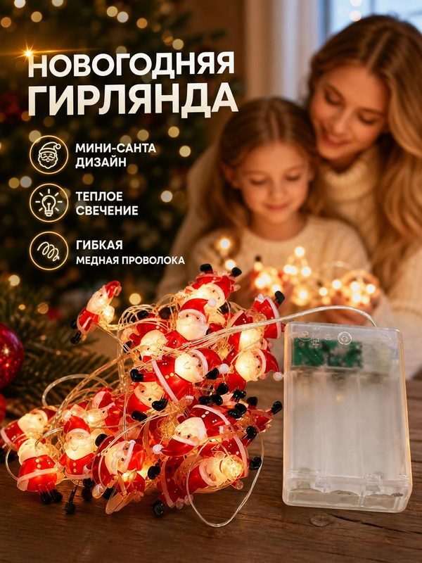 Электрогирлянда рождественская, с фигурками Санты, 2 м, 20 светодиодов, тёплое белое свечение, от батареек AA