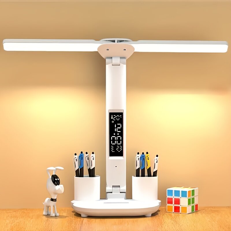 Светодиодная настольная лампа с двумя головками, белая, с USB, подставкой для ручек, часами и термометром, 3 режима яркости, защита глаз от синего света, для офиса и учёбы