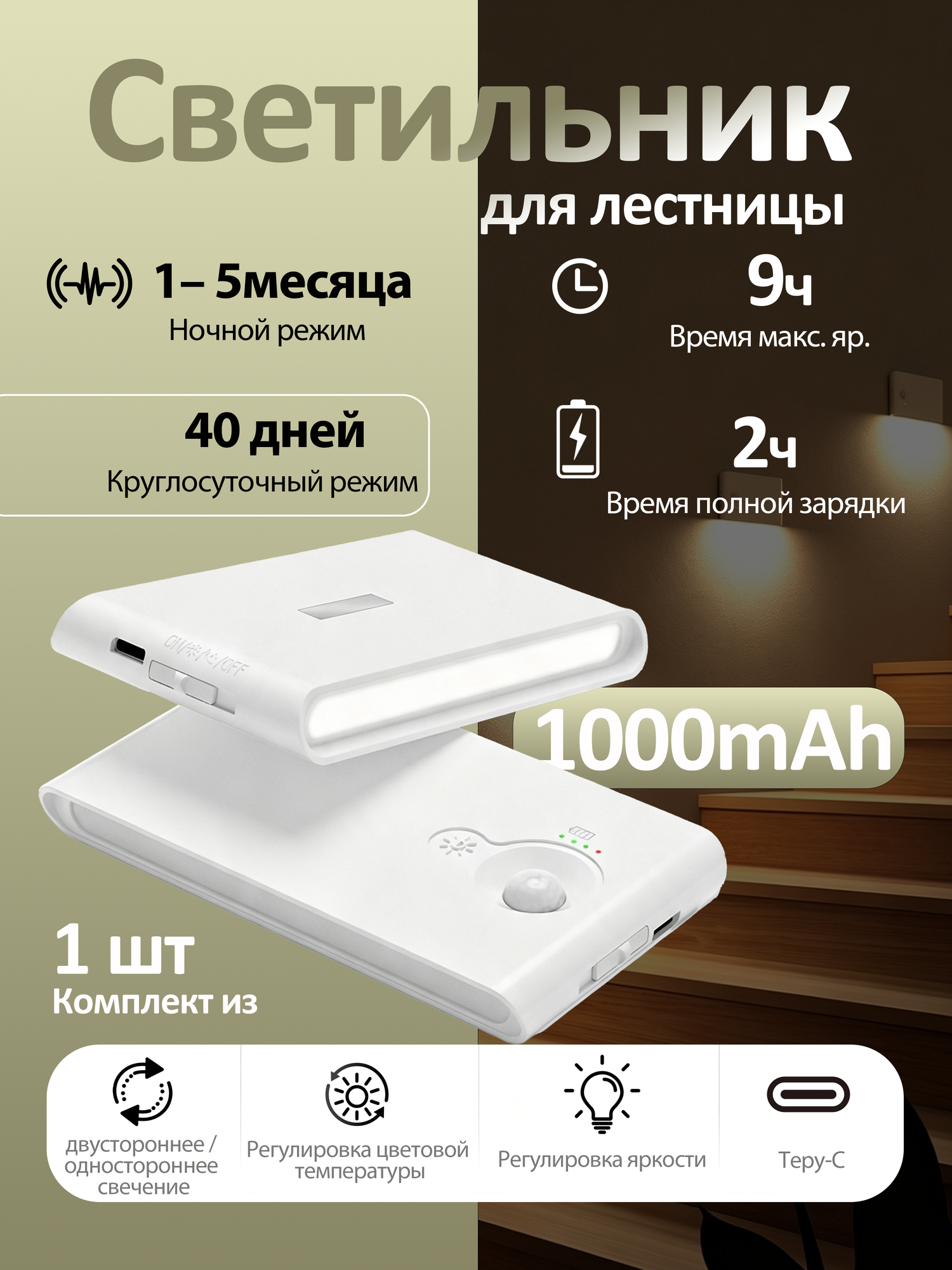 Магнитный беспроводной настенный светильник, ночник с датчиком движения беспроводной, регулируемое освещение.