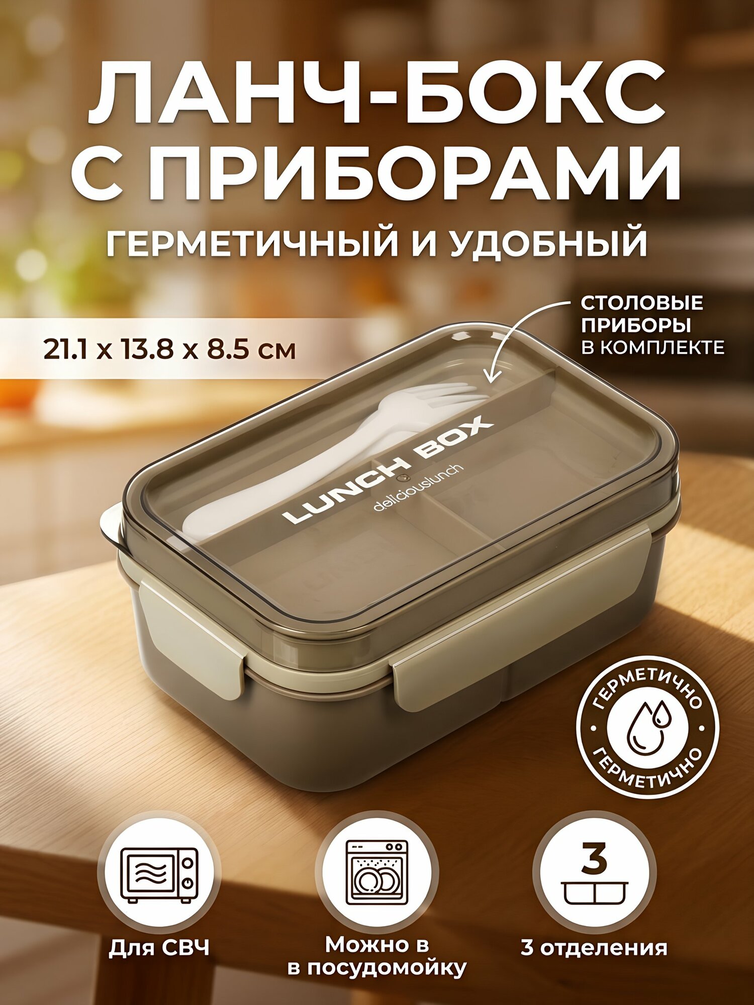 Контейнер ланч-бокс пластиковый прямоугольный коричневый 21.1х13.8х8.5 см с приборами герметичный B040101