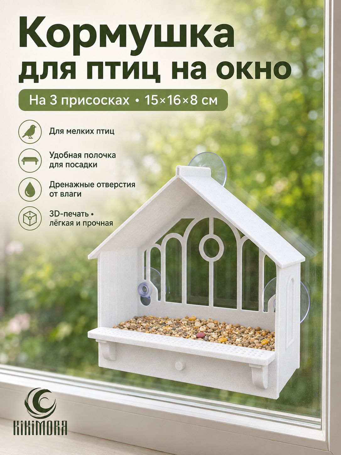Скворечник на окно на присосках. Белый. Пластик. Рамзер 16 см.