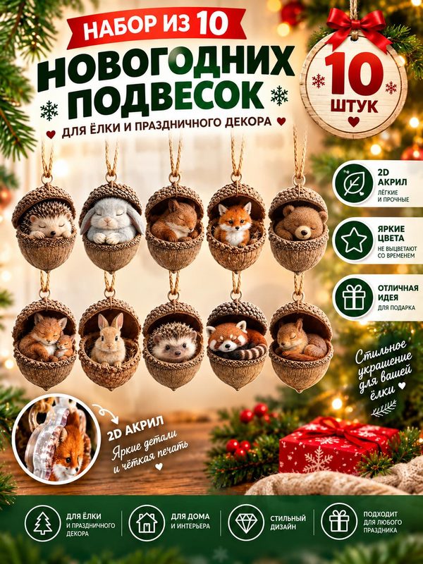 Набор елочных игрушек "Лесные животные в желуде", акрил, 8 см, 10 шт.