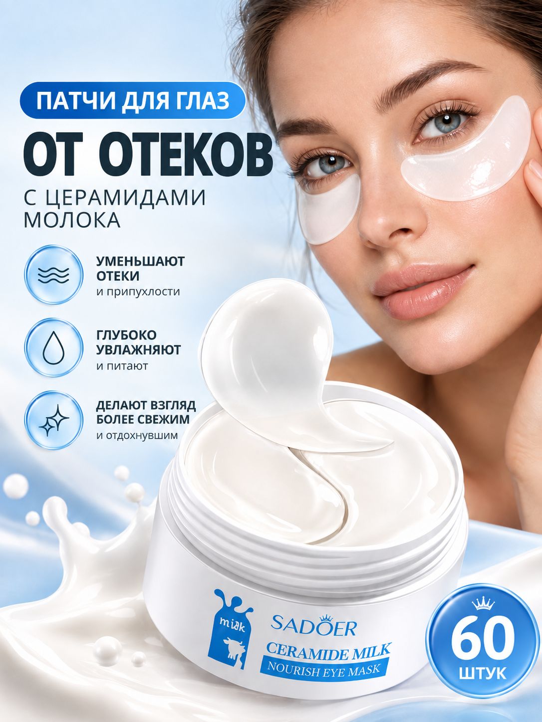 Гидрогелевые патчи для глаз от отеков и темных кругов, 60 шт