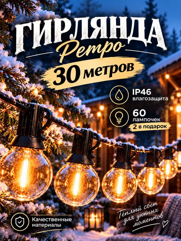 Электрогирлянда уличная садовая, ретро светодиодная 30 метров 60 ламп, 2 запаса, теплый свет, питание от сети 220в.