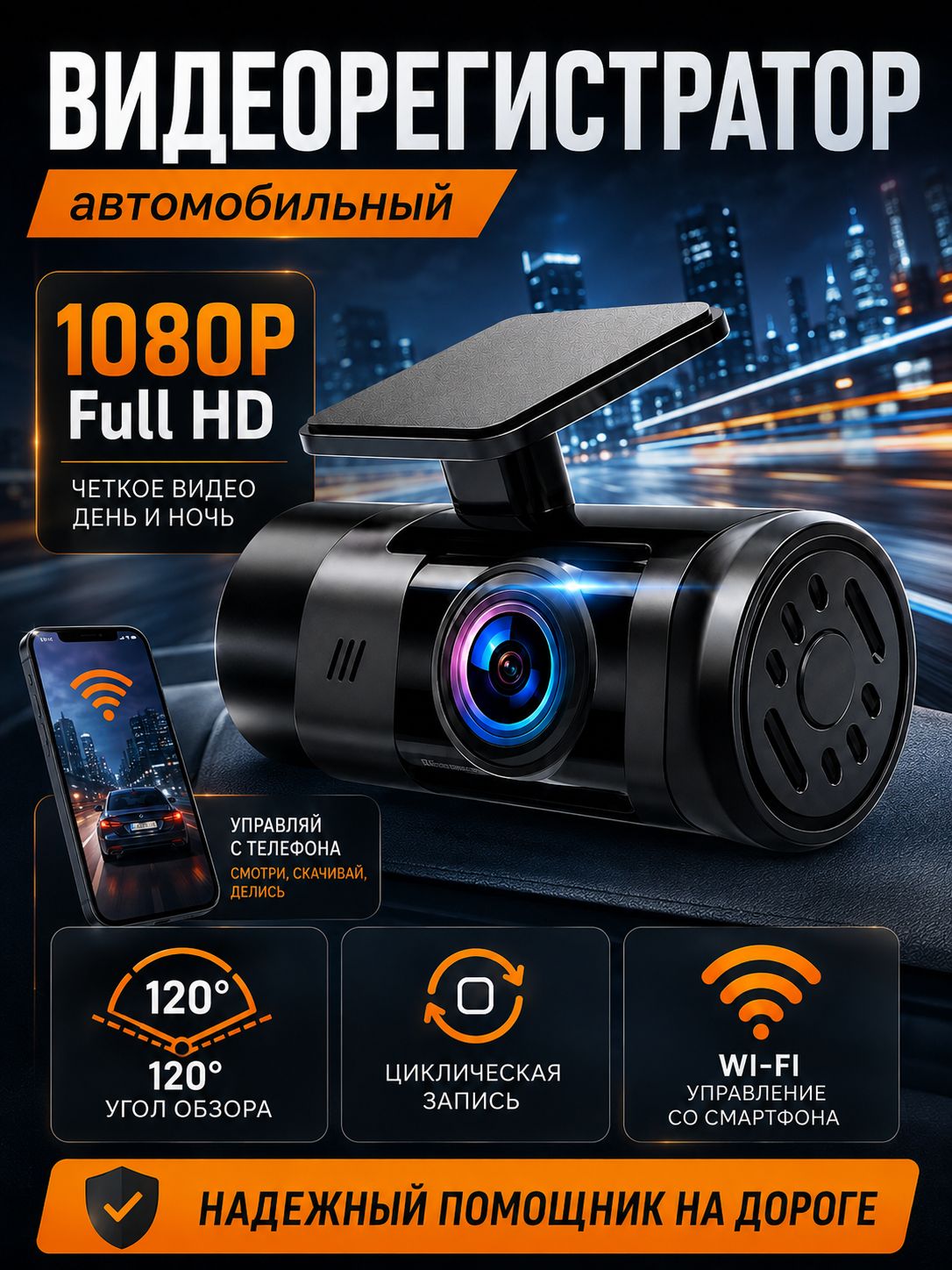 Видеорегистратор автомобильный 1080P Full HD с Wi-Fi и ночным видением