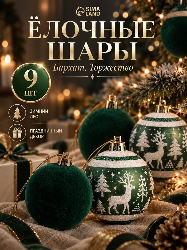 Ёлочные шары набор 9 шт. «Бархат. Торжество» лес, диаметр 6 см, зелёные