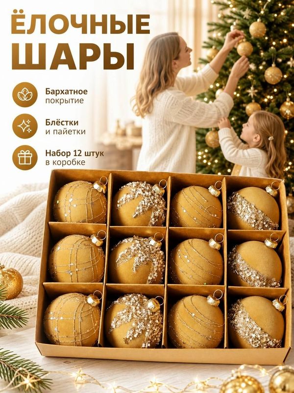Комплект флокированных елочных шаров 12 шт, 6 см, золотистые