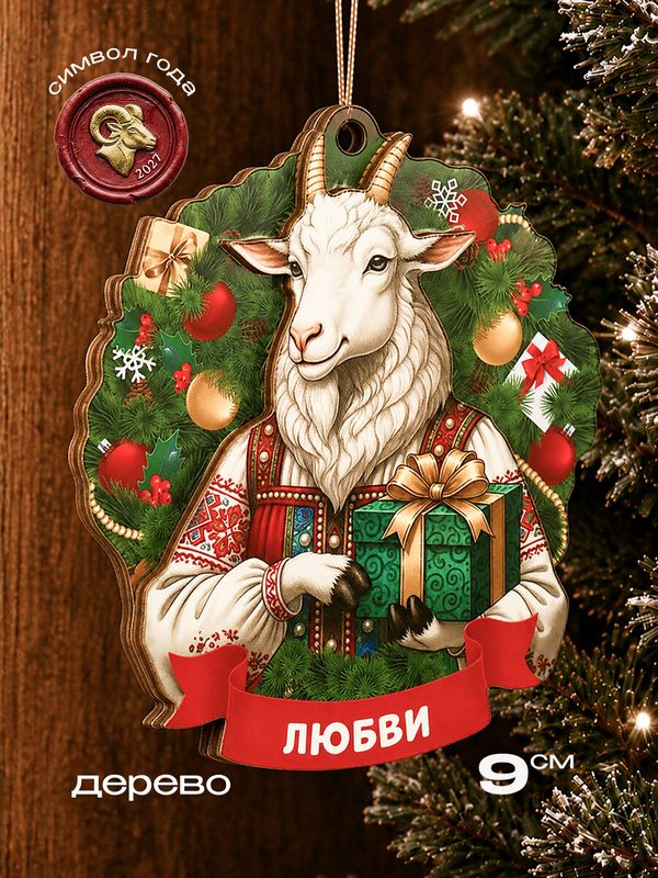 Новогодняя ёлочная подвеска из дерева двухслойная "Козочка Любви" 9 см (собственная разработка) НУ-2066