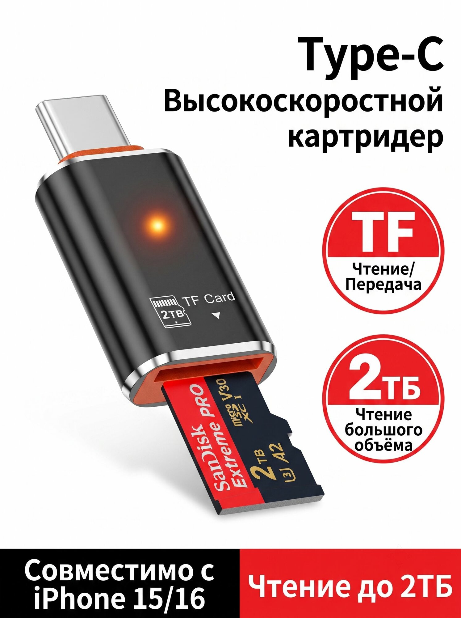 Картридер Type C Micro SD для карт памяти, картридер универсальный для samsung . для iPhone 15.16.17.18