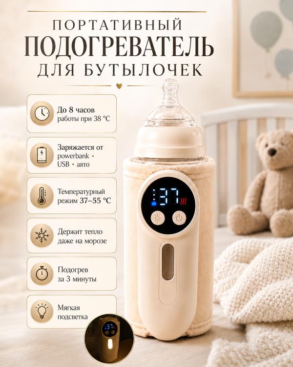 Подогреватель для бутылочек, портативный, с подсветкой, с поддержанием температуры, бежевый