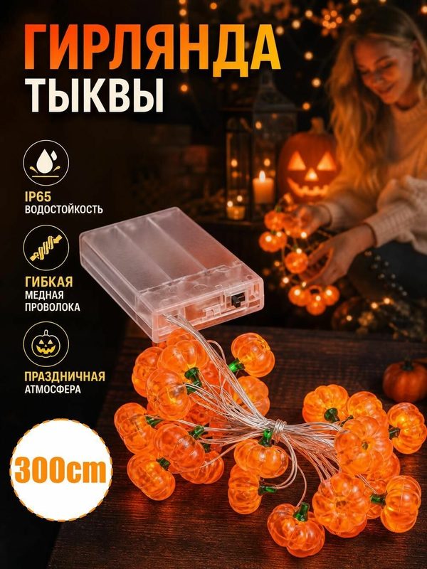 Электрогирлянда интерьерная тыква светодиодная, 3м, питание 12 в, 30 лампочек