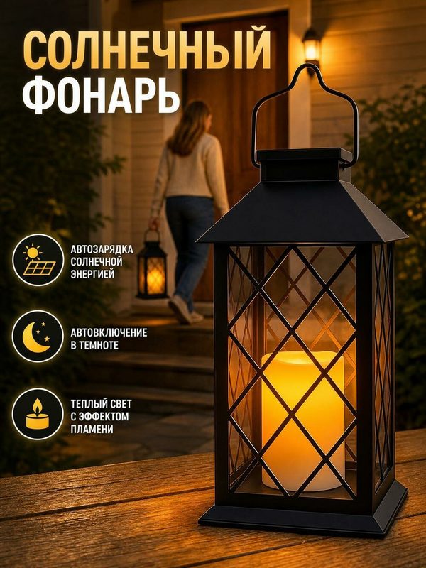 Фонарь декоративный , черный, пластик/стекло, на батарейках