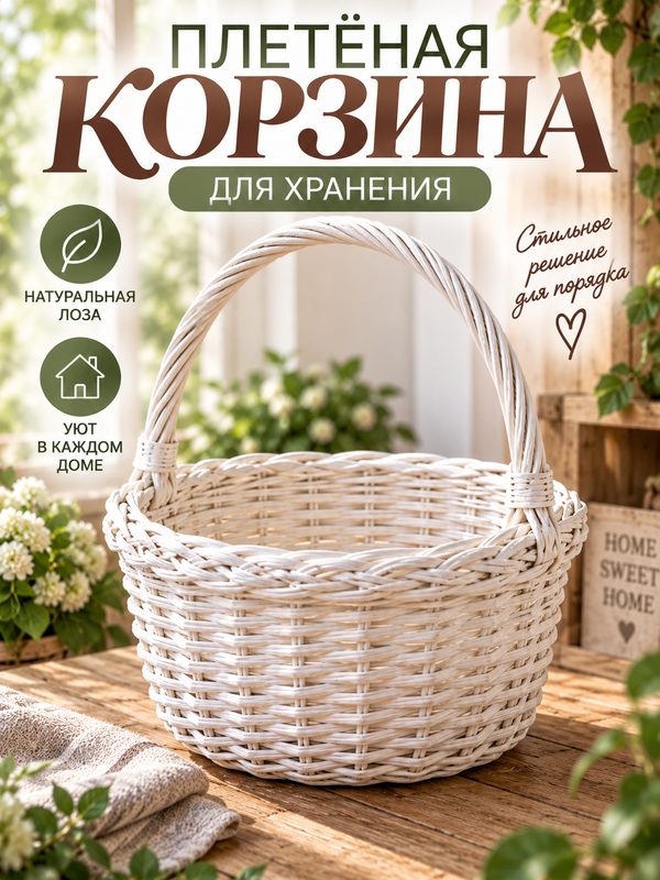Корзина плетёная для хранения, лоза, с ручкой, 40×40×40 см, белая, Greengo