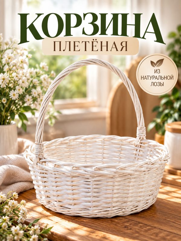 Корзина плетёная для хранения, лоза, с ручкой, 35 × 35 × 31 см, белая, Greengo