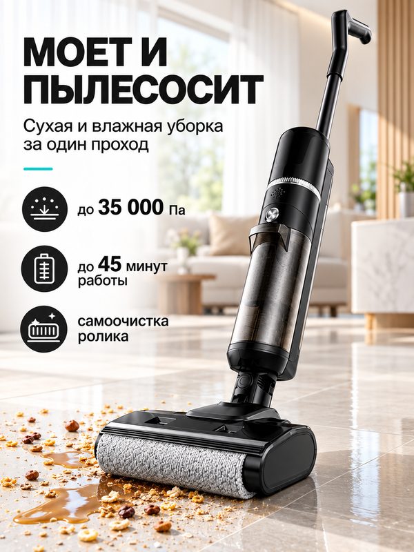 Моющий пылесос F913, вертикальный, от аккумулятора, 45 мин работы, чёрный