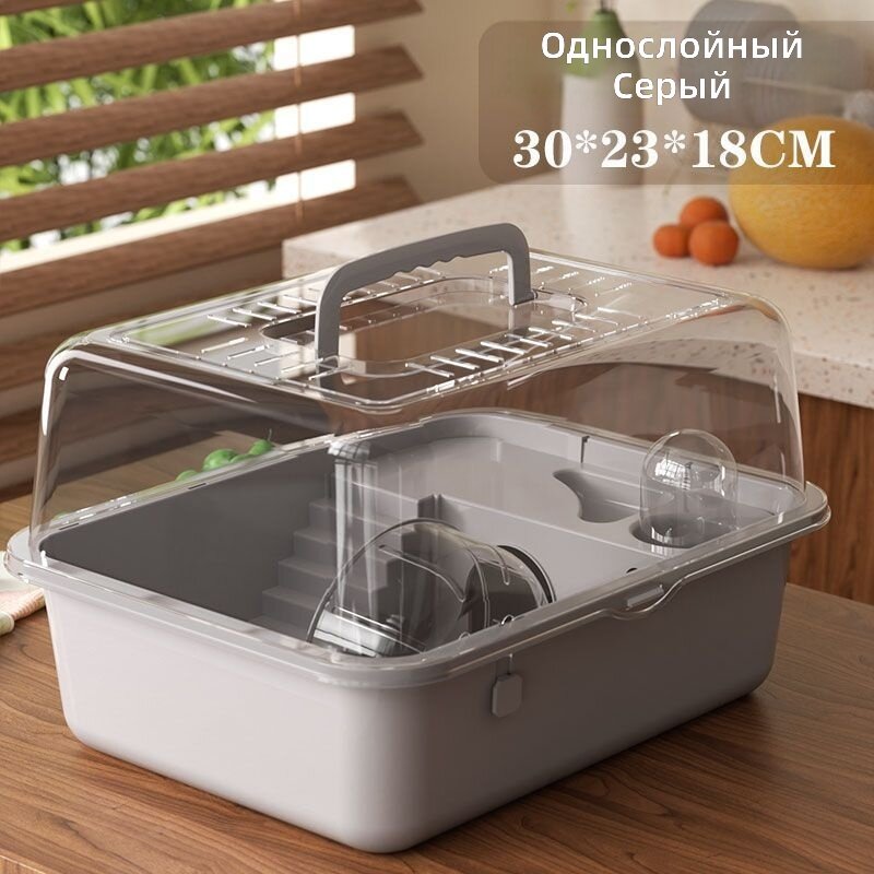 Клетка для хомяков с прозрачным полным обзором и роскошным дачным домиком 31. В комплекте: платформа, колесики и кормушка. Одноэтажная серая модель в