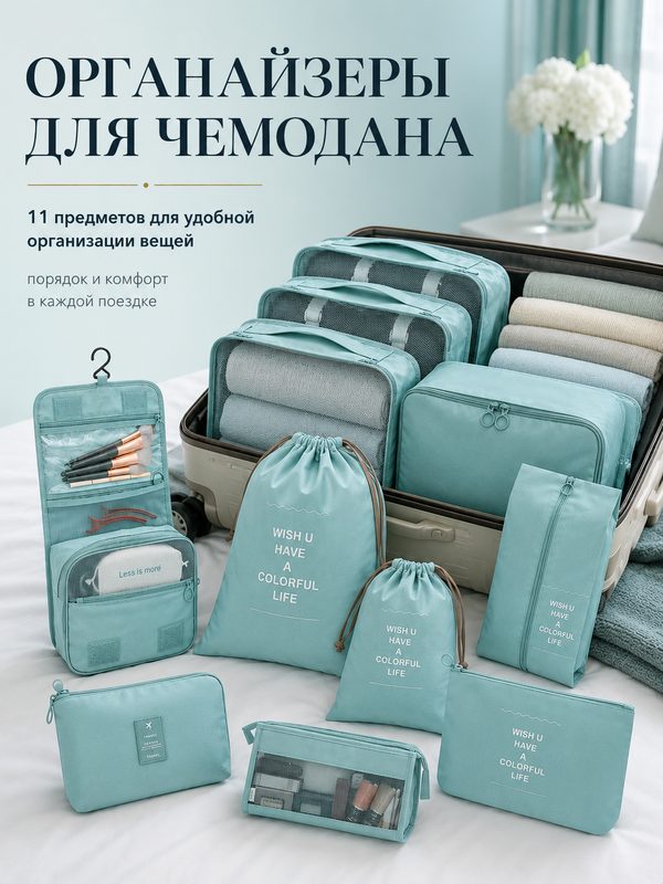 Органайзер для чемодана , 11 шт., бирюза