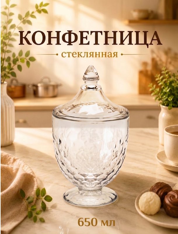 Конфетница «Богема», 650 мл, 11×18.5 см, с крышкой, стекло, прозрачная
