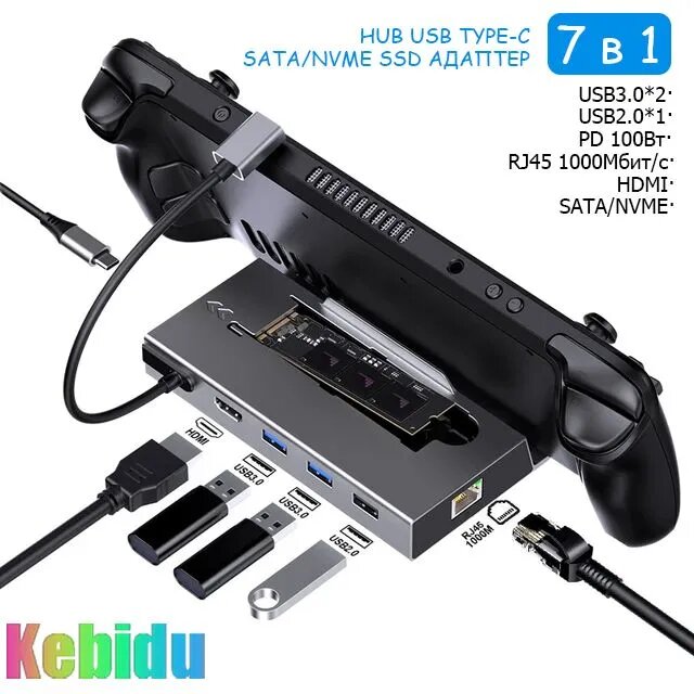 7В1 Переходник USB HUB- HDMI-TYPEC-Внешний корпус M.2 SSD SATA NVME , Адаптер USB, PD 100W, RJ45 1000M