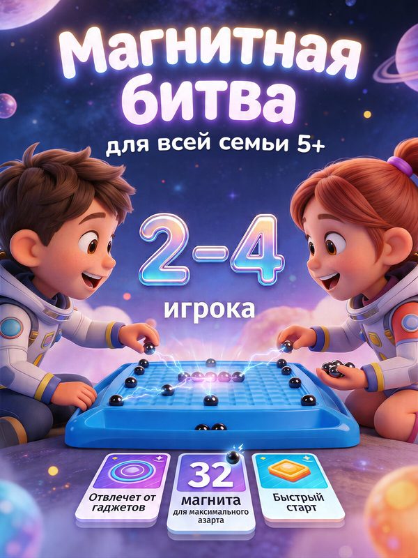 Настольная развивающая игра "Магнитный бой" для детей от 6 лет и всей семьи, 32 магнита + рулетка с заданиями