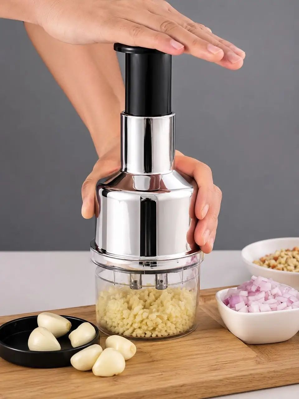 Механический ручной измельчитель для чеснока, лука и зелени Slap Chop, 200 мл, нержавеющая сталь
