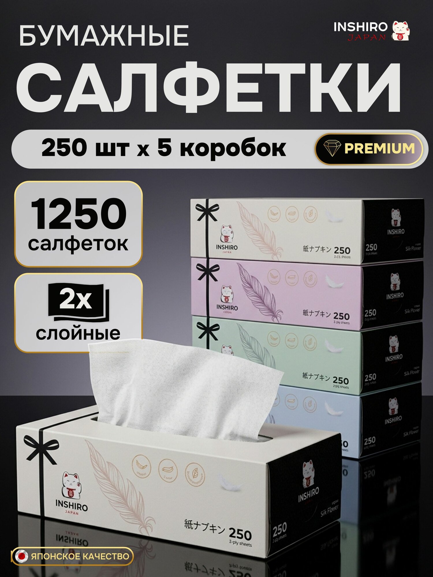 Салфетки бумажные INSHIRO в коробке, сухие, 2 слоя, 5 упаковок по 250 шт, 1250 шт