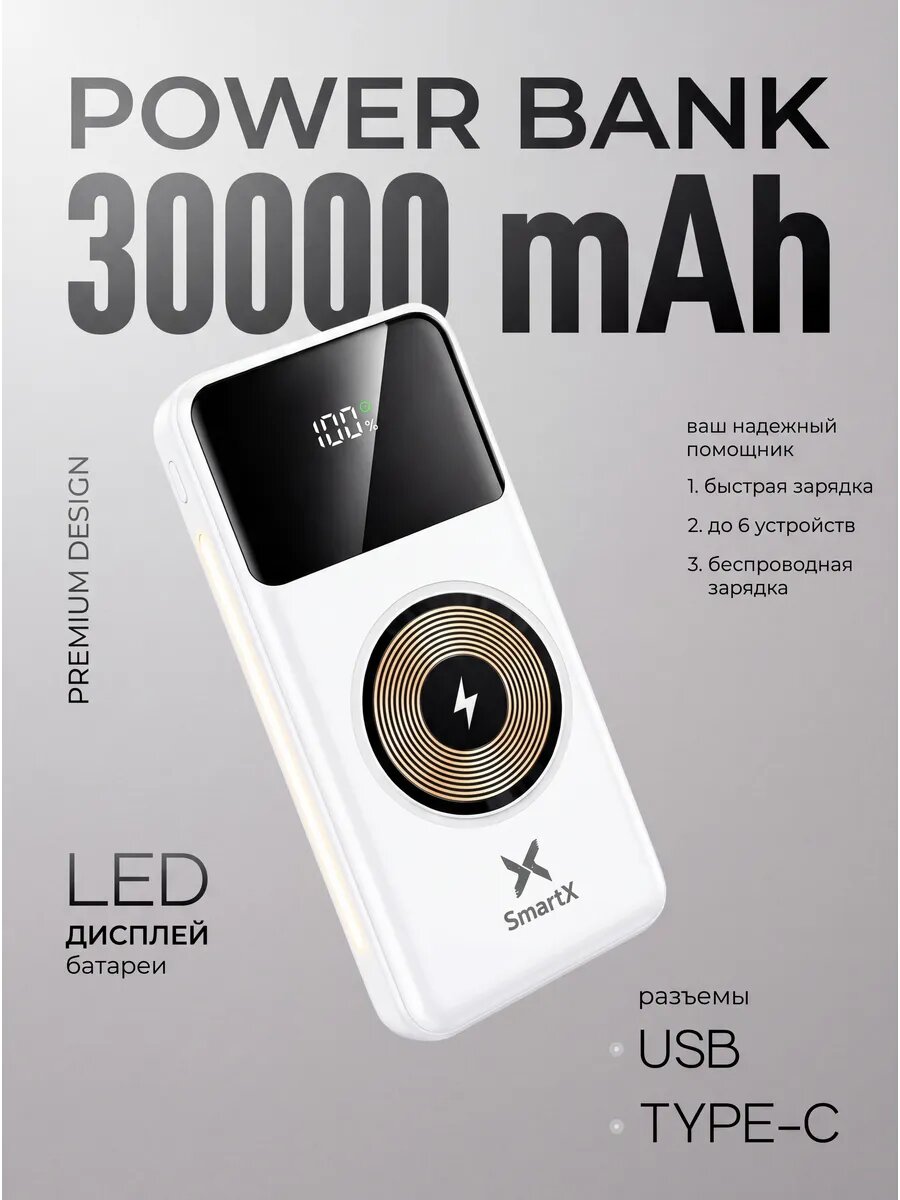 Внешний аккумулятор 30000 мАч с беспроводной зарядкой Power Bank