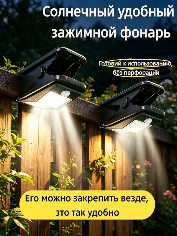 Уличный светильник на солнечной батарее, водонепроницаемый фонарь на прищепке с датчиком движения, лампа для сада
