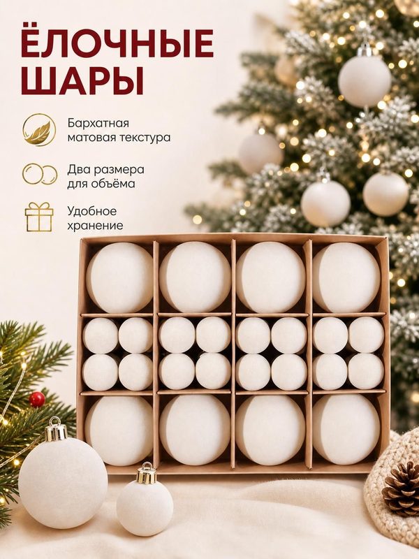 Шары на елку, бархатные, белого цвета, набор, 6 и 3 см