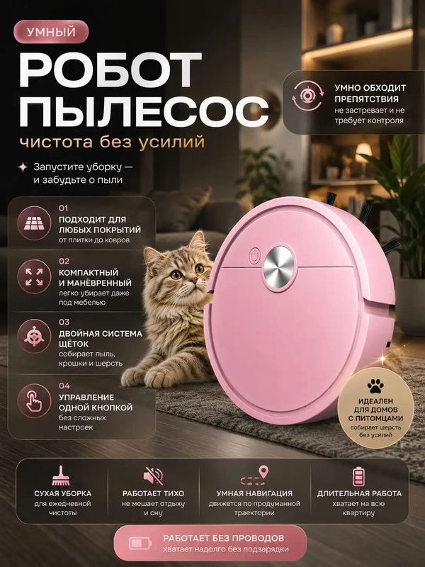 Мини робот-пылесос розовый, сухой уборка, контейнер, мягкий бампер, для ковра и пола