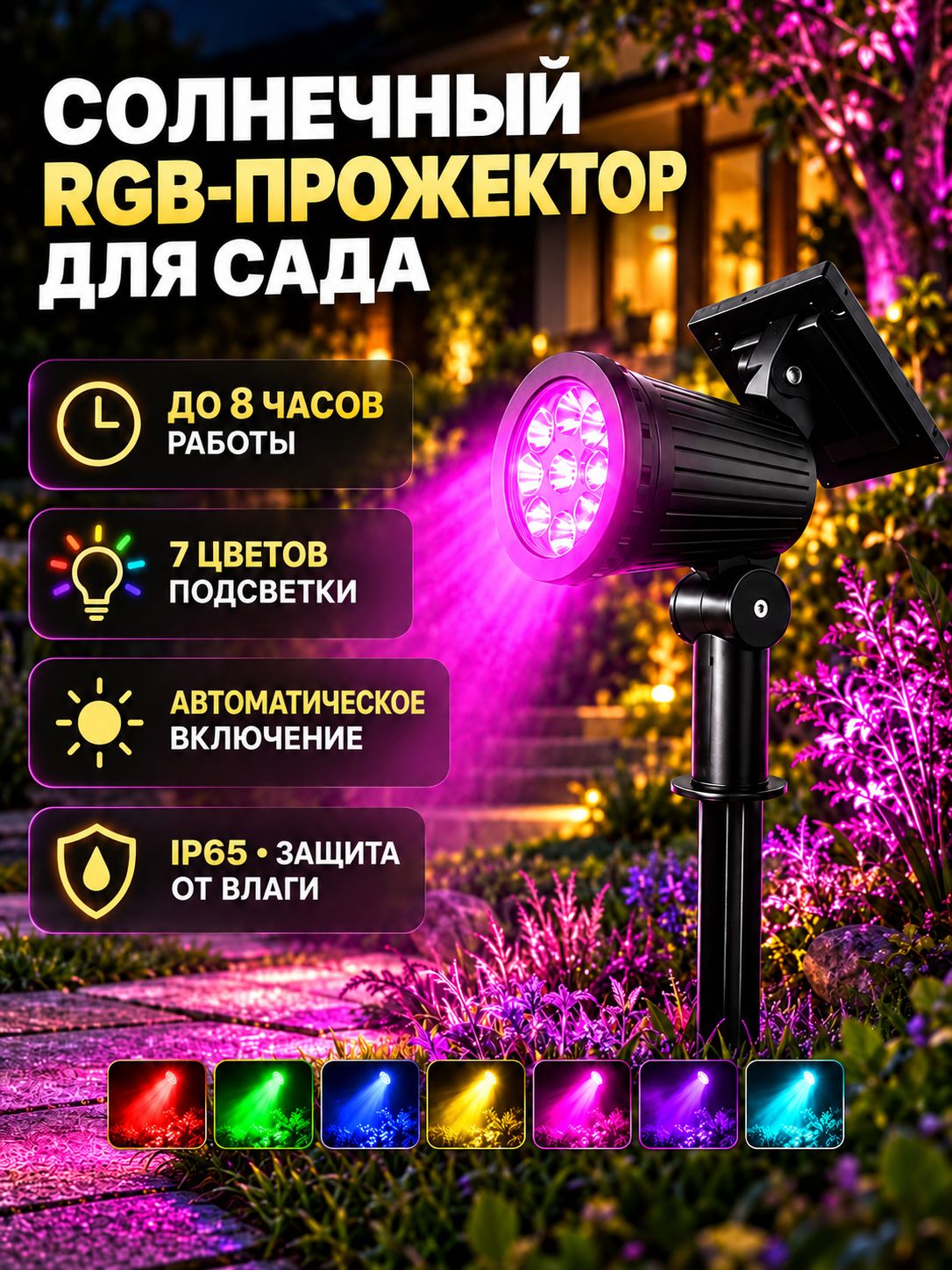 Солнечный RGB прожектор для сада, уличный садовый светильник для деревьев и растений, датчик света, IP65, 7 цветов подсветки