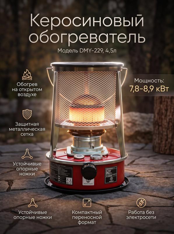 Обогреватель керосиновый инфракрасный DMY-229, 4,5л бак, мощность до 8,9кВт, площадь обогрева до 35м2
