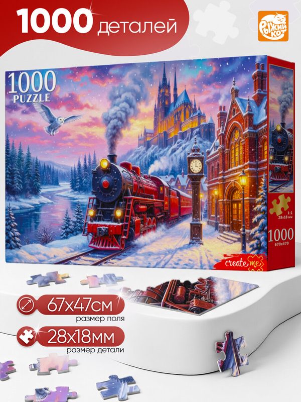 Пазлы 1000 элементов. Поезд и зимний замок. Игра-головоломка для детей и взрослых.