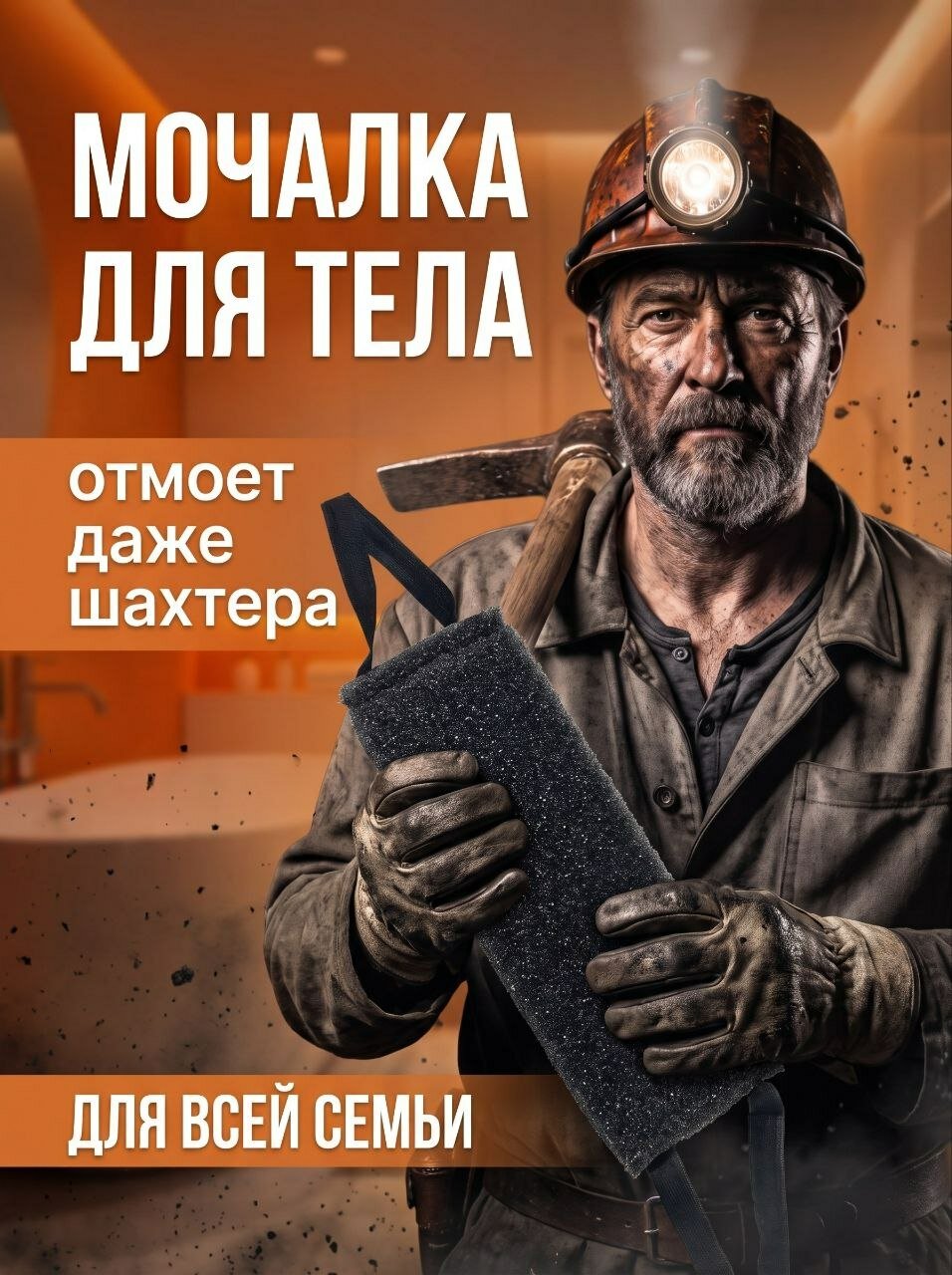 Мочалка для тела Шахтерская, с прошитыми ручками, для тела, черная, жёсткая, 37x12x3 см
