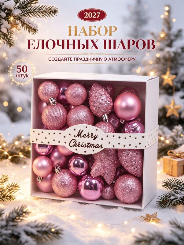 Елочные шары розовые 3 см 50 шт, набор шаров на елку, новогодние шары