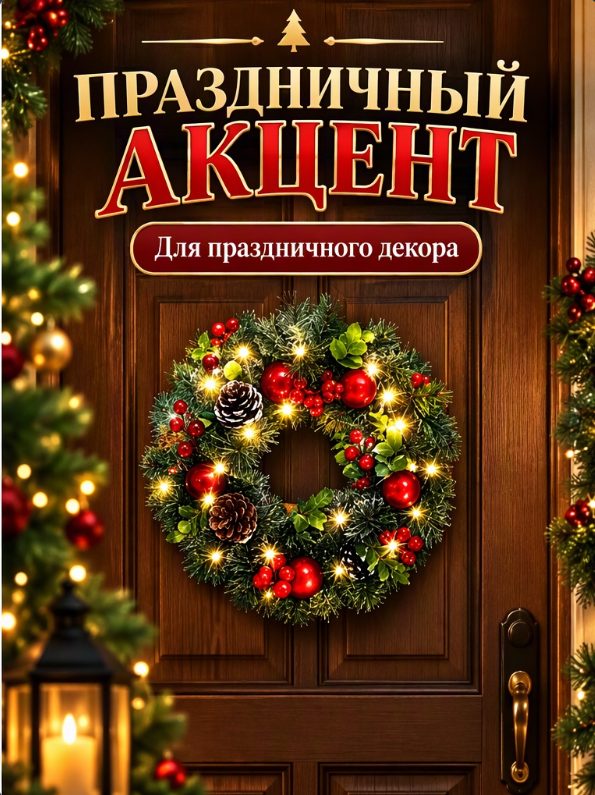 Светящийся Венок На Дверь Для Рождества И Праздников Размер 30.00X30.00X10.00Cm